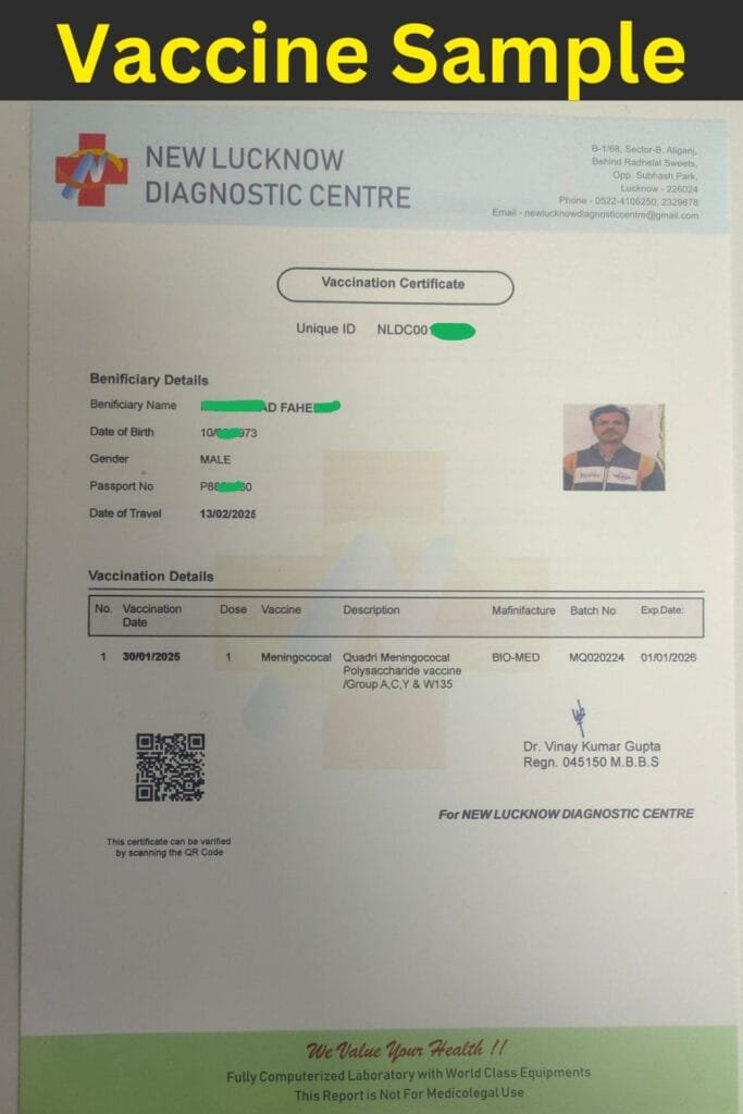 Umrah 2025 Meningitis Vaccine Certificate Sample