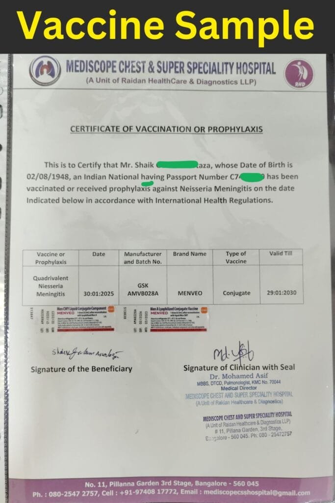 Umrah 2025 Meningitis Vaccine Certificate Sample