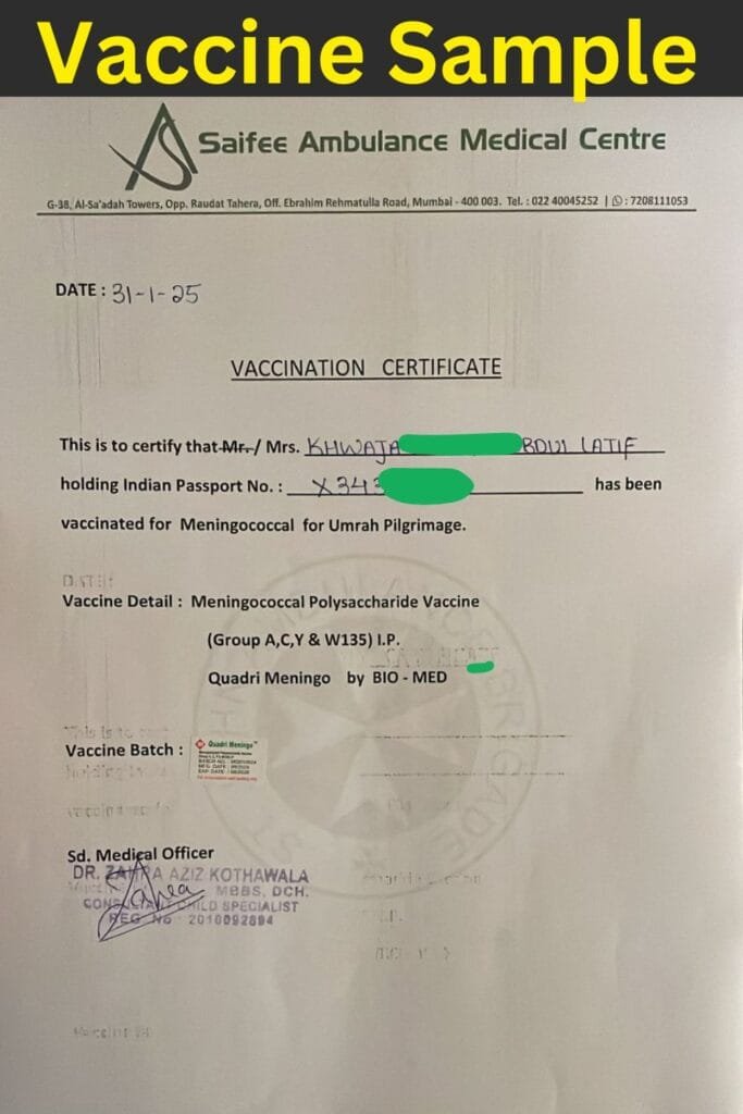 Umrah 2025 Meningitis Vaccine Certificate Sample