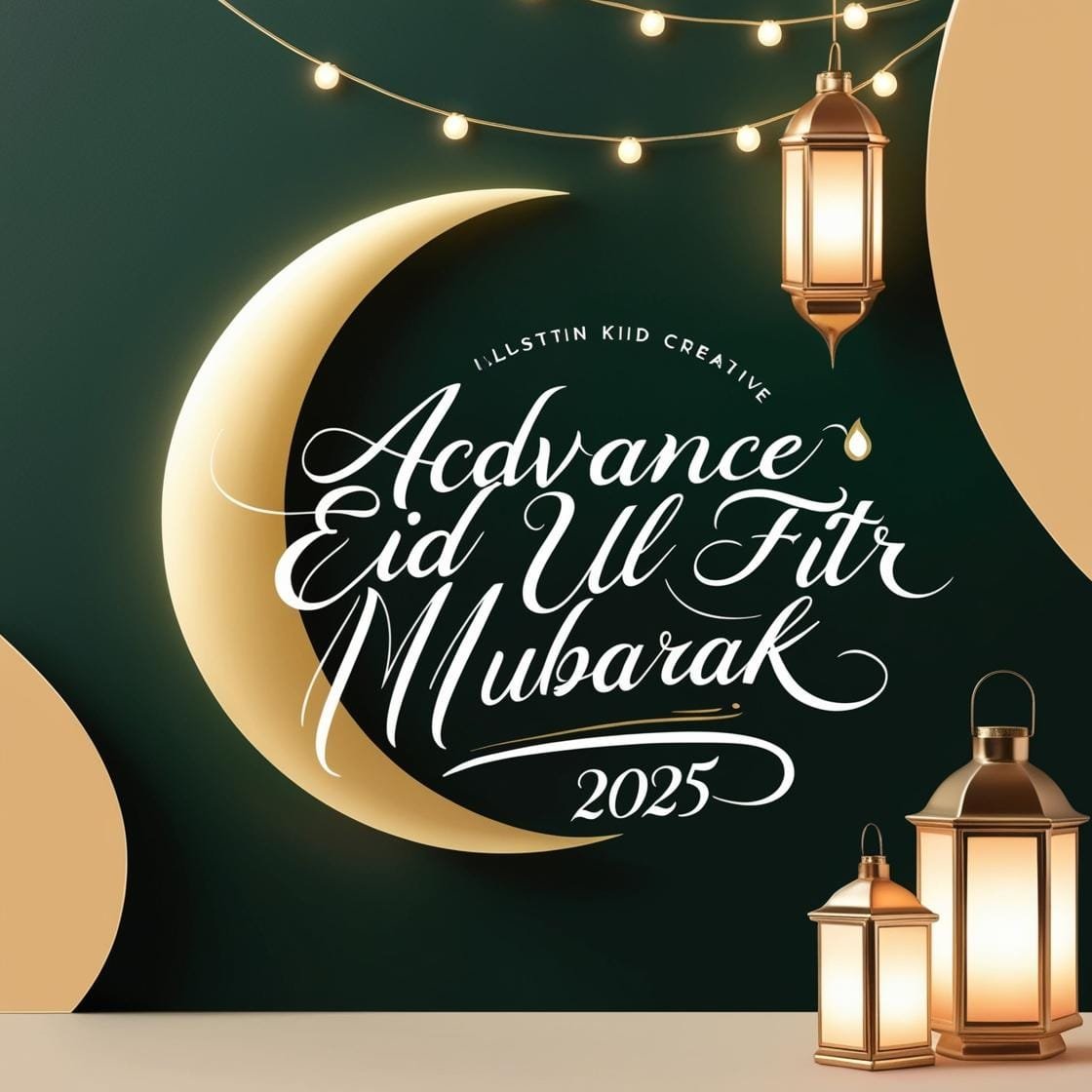 A clean and elegant dark green and gold background with a crescent moon and soft lantern lights. Advance Eid Ul Fitr Mubarak 2025 is displayed in a sophisticated handwritten script. 1