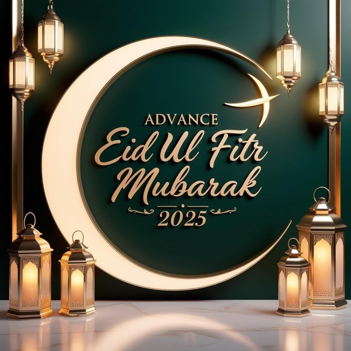 A clean and elegant dark green and gold background with a crescent moon and soft lantern lights. Advance Eid Ul Fitr Mubarak 2025 is displayed in a sophisticated handwritten script. 4