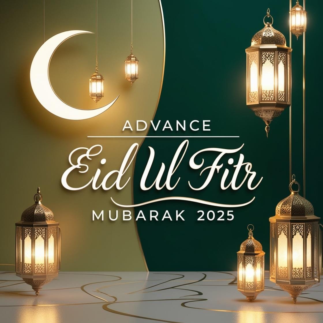 A clean and elegant green and gold background with a crescent moon and soft lantern lights. Advance Eid Ul Fitr Mubarak 2025 is displayed in a sophisticated handwritten script. 1