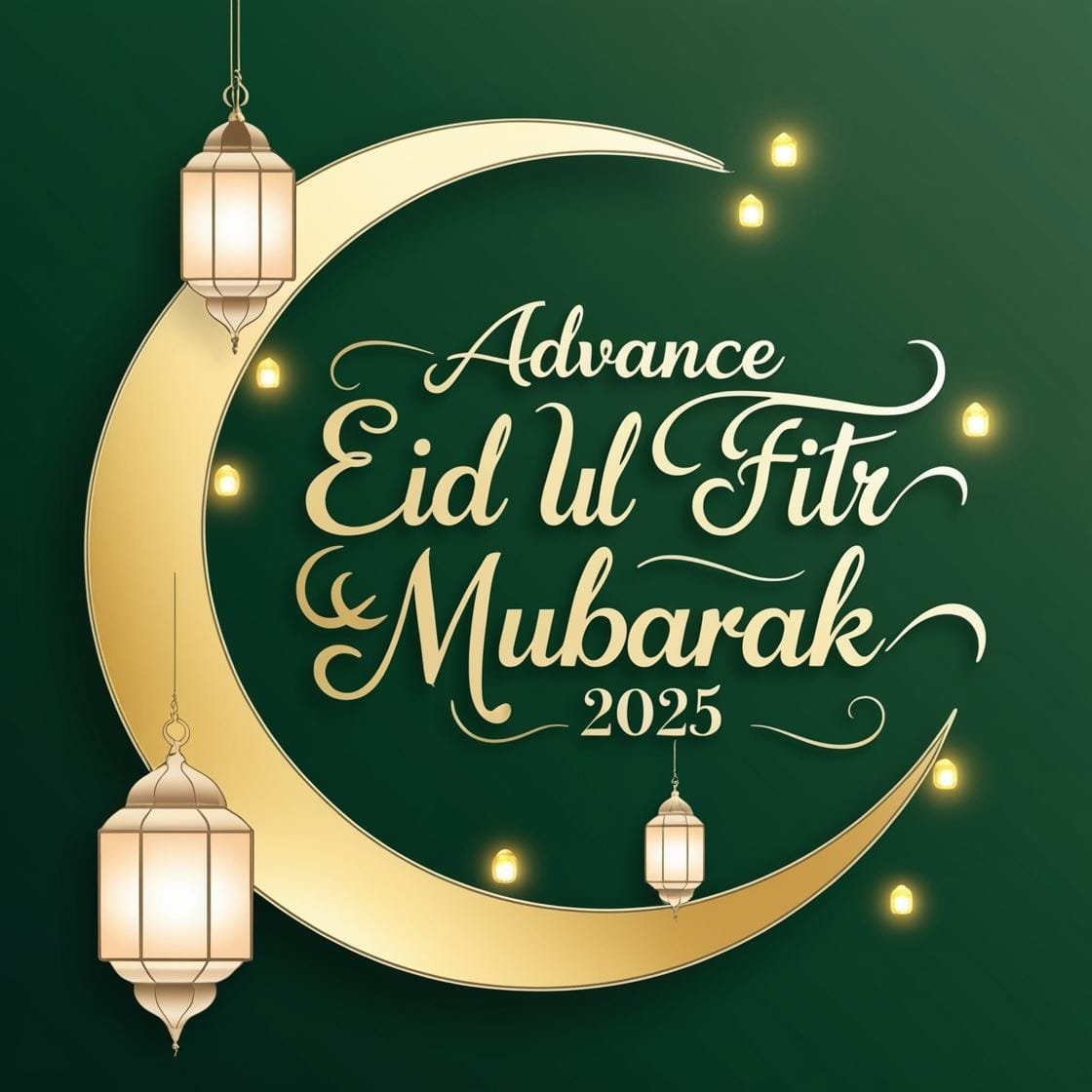 A clean and elegant green and gold background with a crescent moon and soft lantern lights. Advance Eid Ul Fitr Mubarak 2025 is displayed in a sophisticated handwritten script. 6
