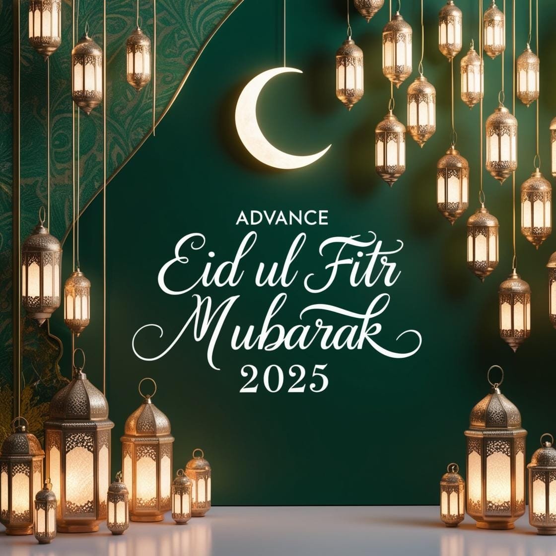 A clean and elegant green and gold background with a crescent moon and soft lantern lights. Advance Eid Ul Fitr Mubarak 2025 is displayed in a sophisticated handwritten script.
