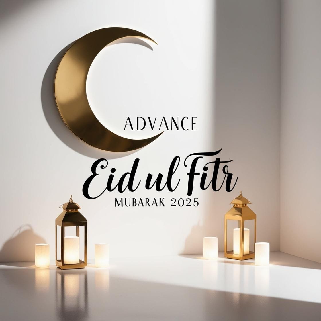 A clean and elegant white and gold background with a crescent moon and soft lantern lights. Advance Eid Ul Fitr Mubarak 2025 is displayed in a sophisticated handwritten script. 1