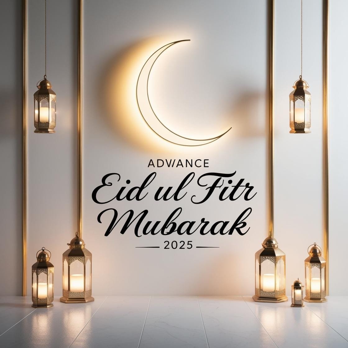 A clean and elegant white and gold background with a crescent moon and soft lantern lights. Advance Eid Ul Fitr Mubarak 2025 is displayed in a sophisticated handwritten script. 22