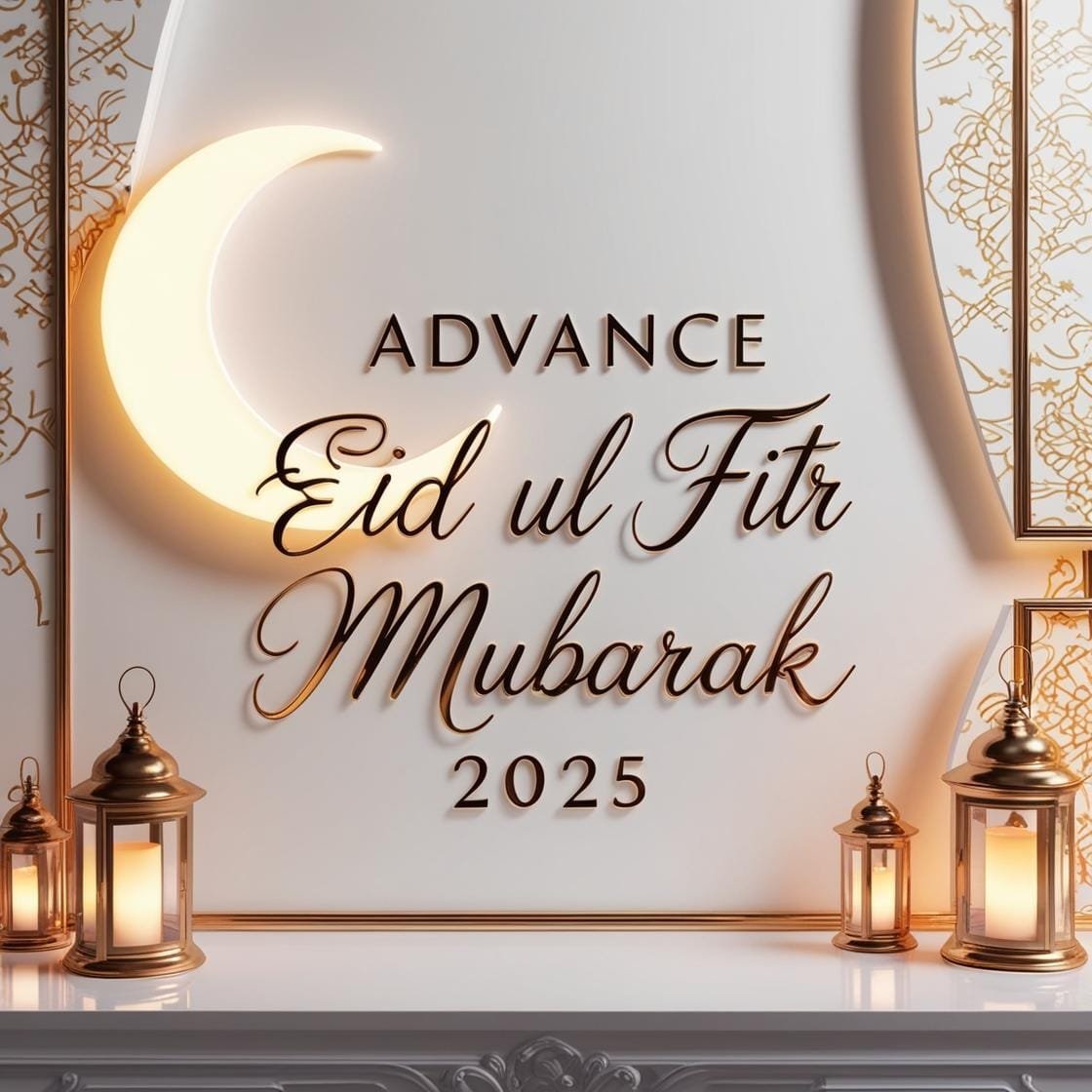 A clean and elegant white and gold background with a crescent moon and soft lantern lights. Advance Eid Ul Fitr Mubarak 2025 is displayed in a sophisticated handwritten script. 24
