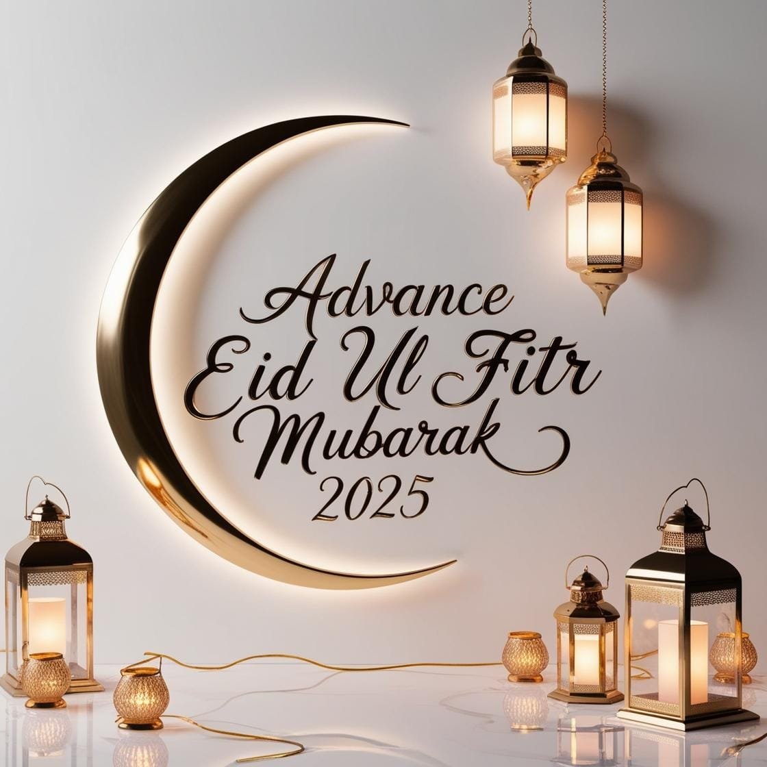 A clean and elegant white and gold background with a crescent moon and soft lantern lights. Advance Eid Ul Fitr Mubarak 2025 is displayed in a sophisticated handwritten script. 27