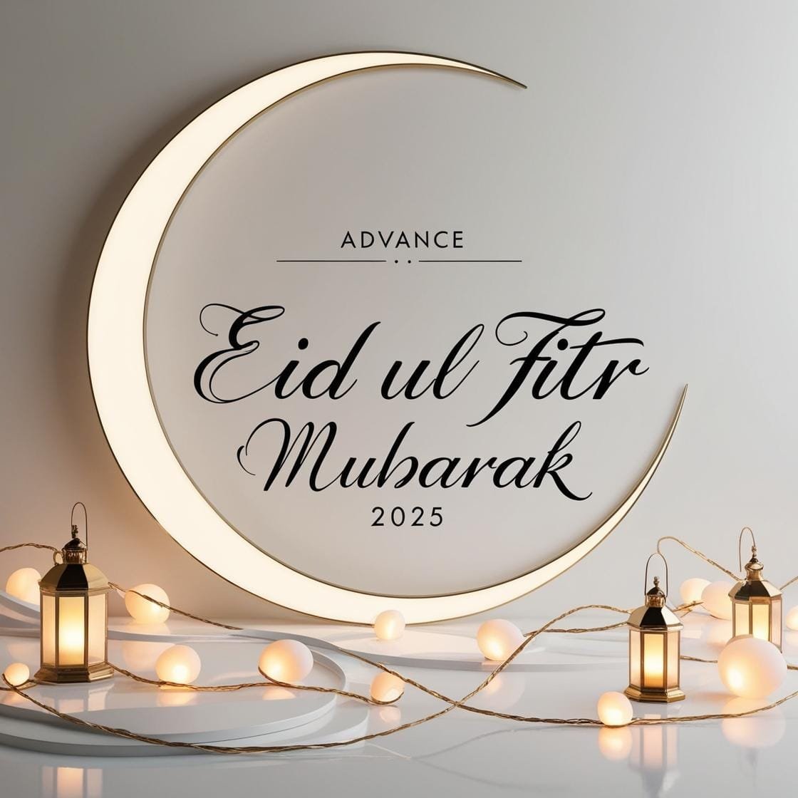 A clean and elegant white and gold background with a crescent moon and soft lantern lights. Advance Eid Ul Fitr Mubarak 2025 is displayed in a sophisticated handwritten script. 4
