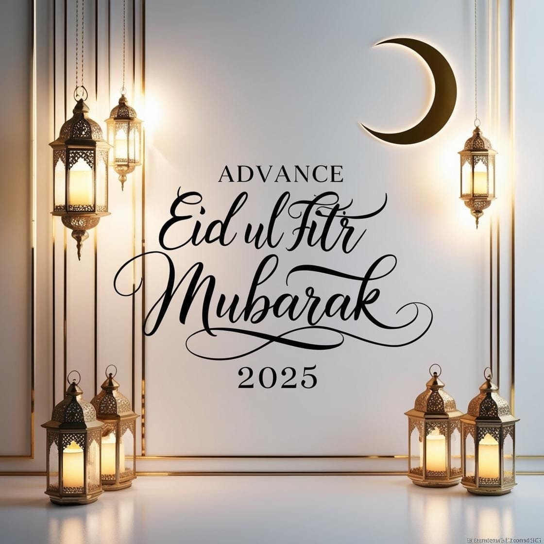 A clean and elegant white and gold background with a crescent moon and soft lantern lights. Advance Eid Ul Fitr Mubarak 2025 is displayed in a sophisticated handwritten script. 9
