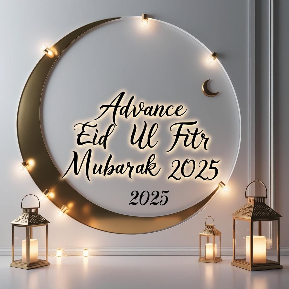 A clean and elegant white and gold background with a crescent moon and soft lantern lights. Advance Eid Ul Fitr Mubarak 2025 is displayed in a sophisticated handwritten script.