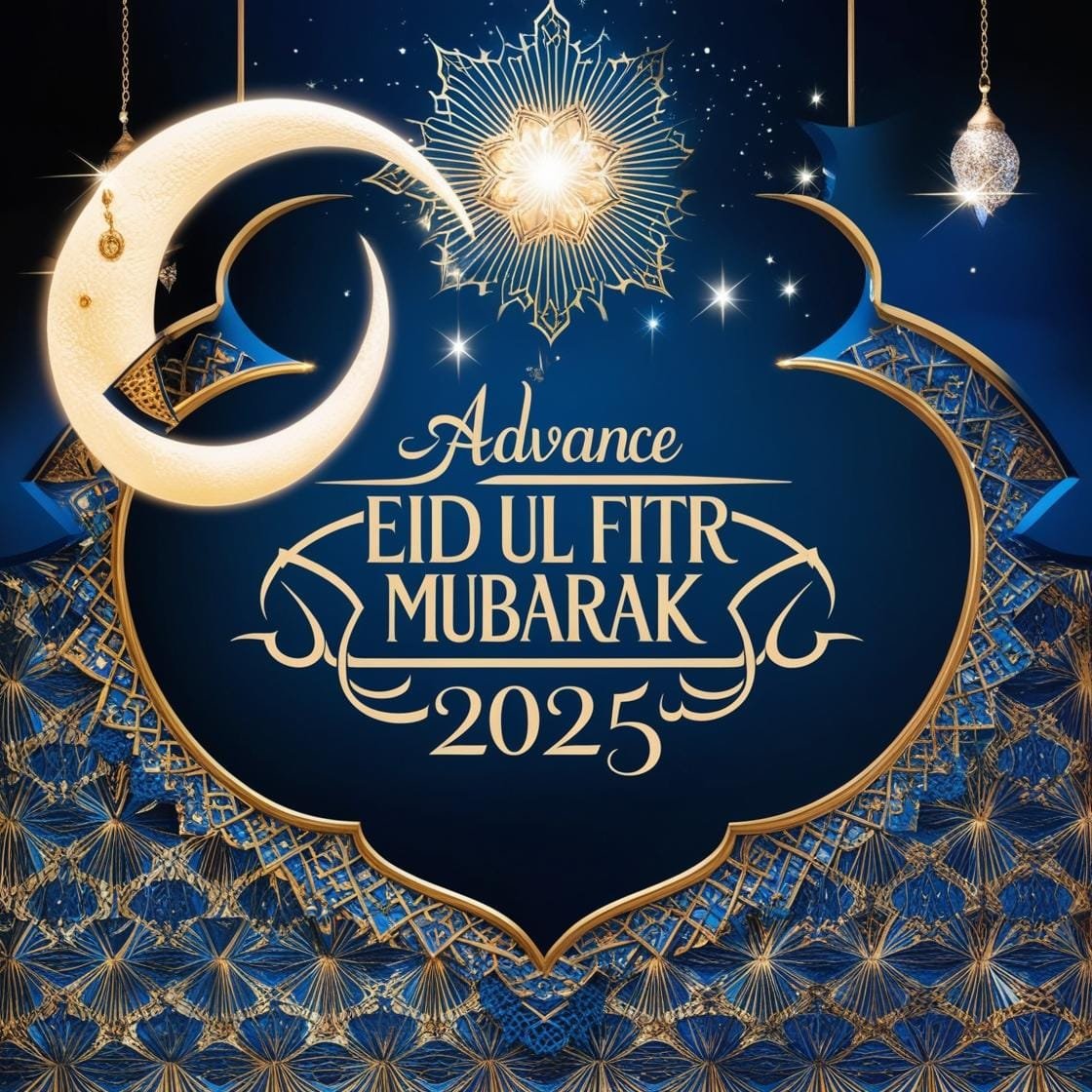 A deep blue and gold background featuring intricate Islamic geometric patterns. A crescent moon and stars shine above with Advance Eid Ul Fitr Mubarak 2025 beautifully placed in the center. 3