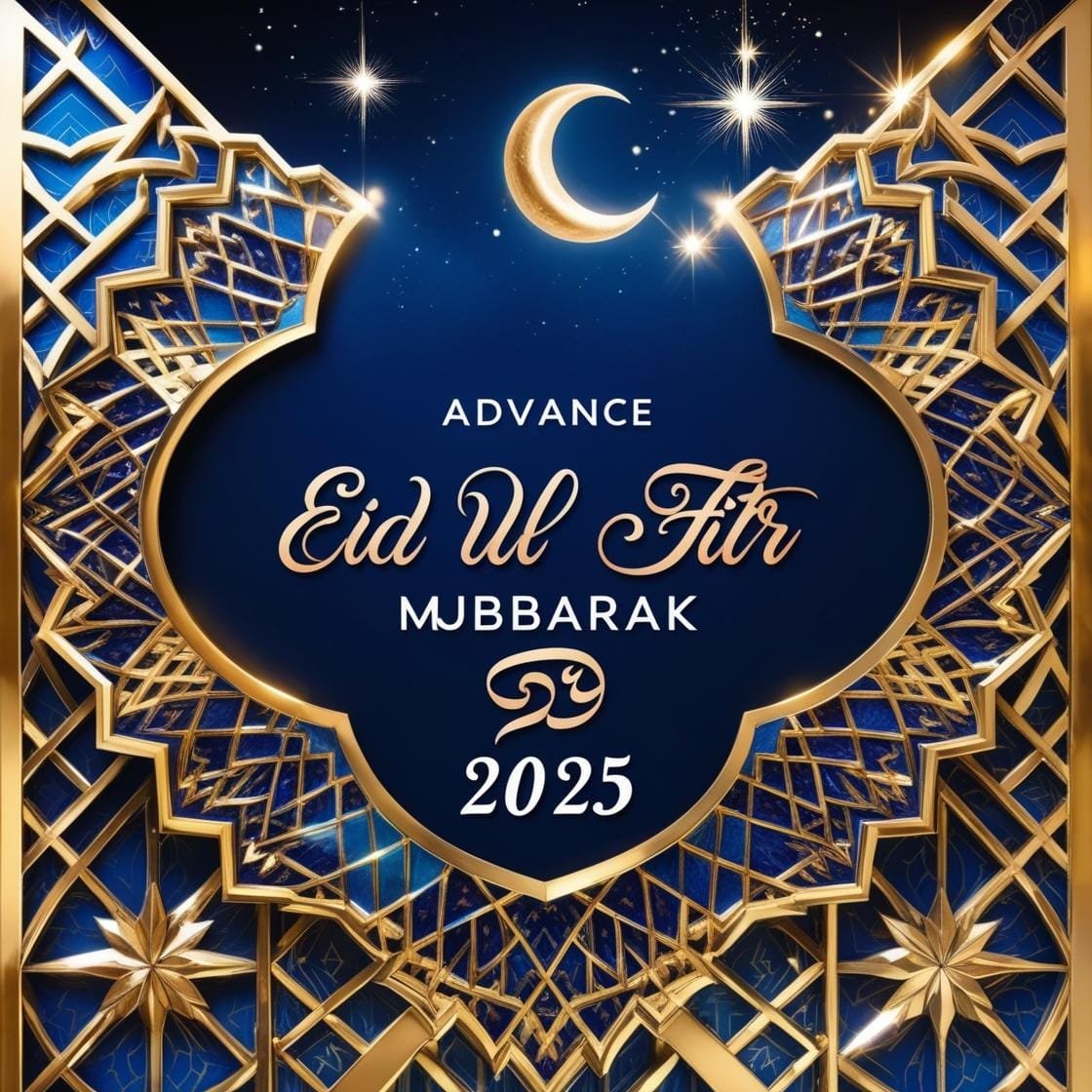 A deep blue and gold background featuring intricate Islamic geometric patterns. A crescent moon and stars shine above with Advance Eid Ul Fitr Mubarak 2025 beautifully placed in the center. 4