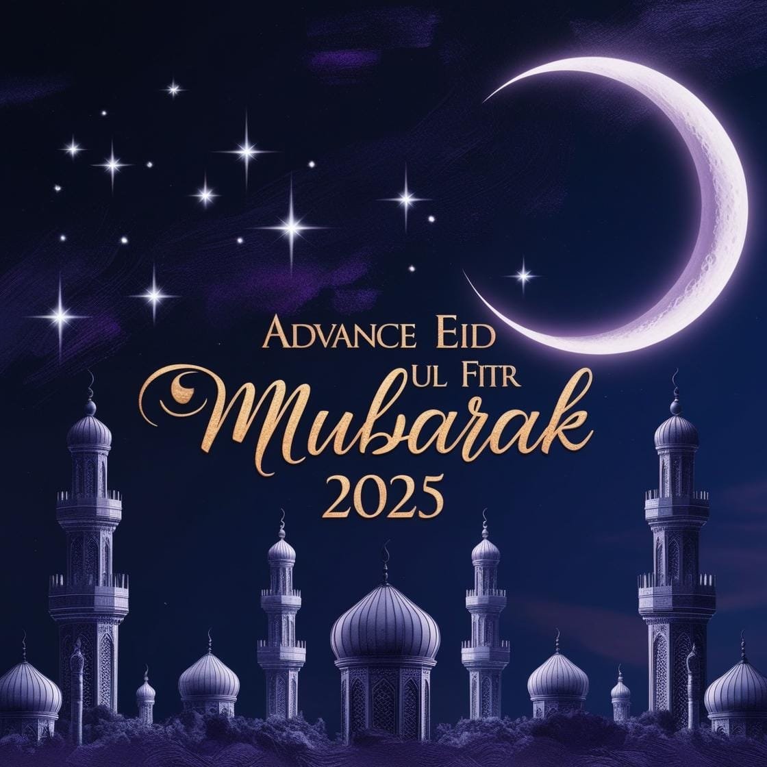 A deep navy sky with a shining crescent moon and twinkling stars. Silhouettes of minarets create a peaceful ambiance with Advance Eid Ul Fitr Mubarak 2025 glowing in golden calligraphy. 1