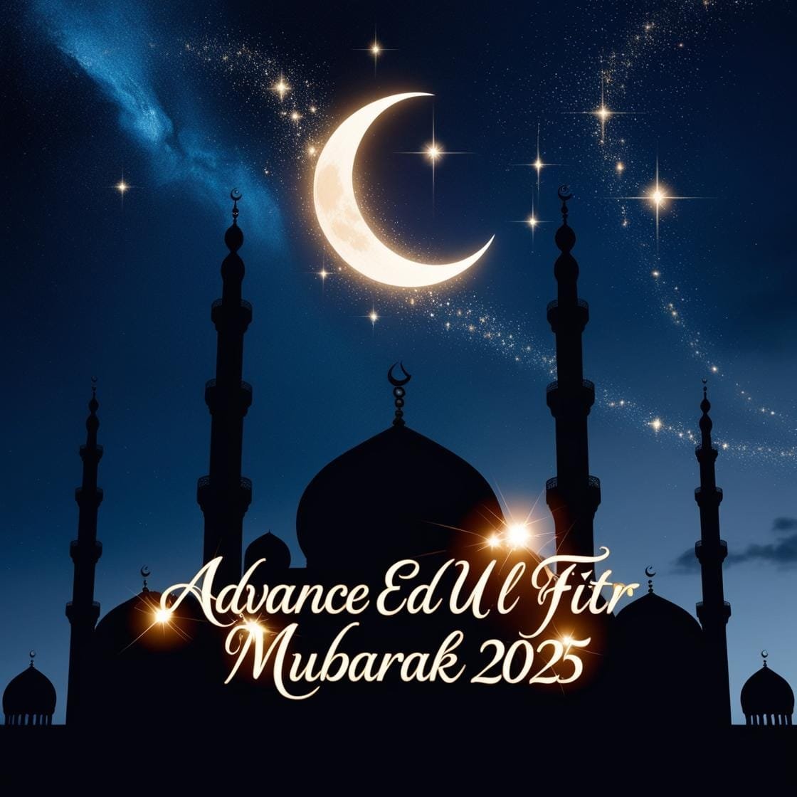 A deep navy sky with a shining crescent moon and twinkling stars. Silhouettes of minarets create a peaceful ambiance with Advance Eid Ul Fitr Mubarak 2025 glowing in golden calligraphy. 2