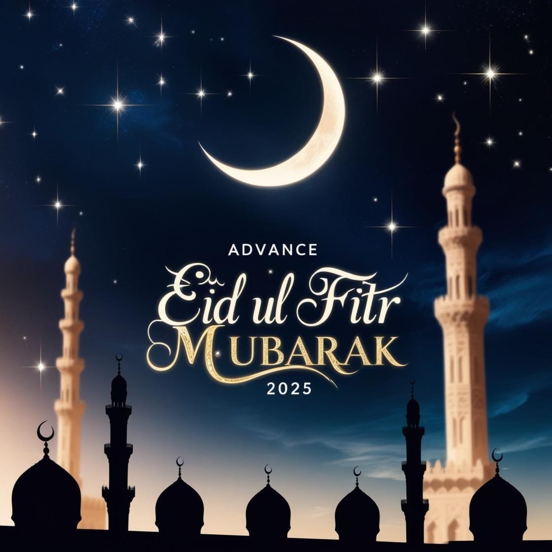 A deep navy sky with a shining crescent moon and twinkling stars. Silhouettes of minarets create a peaceful ambiance with Advance Eid Ul Fitr Mubarak 2025 glowing in golden calligraphy. 4