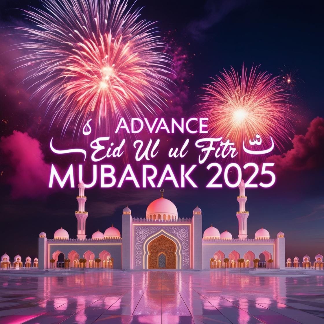 A stunning Eid night with fireworks over a beautifully lit mosque. The sky is colorful and the words Advance Eid Ul Fitr Mubarak 2025 glow in bright neon Arabic calligraphy. 2