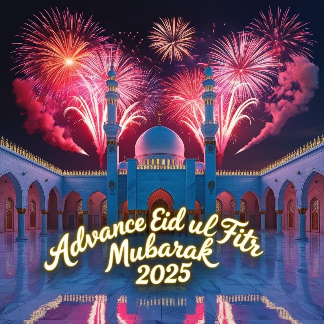 A stunning Eid night with fireworks over a beautifully lit mosque. The sky is colorful and the words Advance Eid Ul Fitr Mubarak 2025 glow in bright neon Arabic calligraphy.