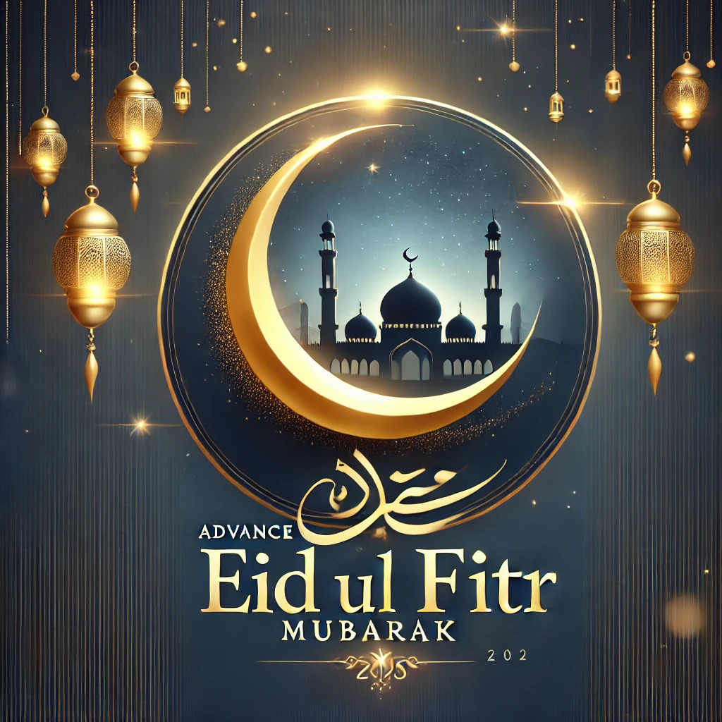 DALL·E 2025 03 27 06.26.47 A sophisticated and clean Eid greeting card with a deep blue and gold theme. The background features a soft glowing crescent moon elegant hanging lan