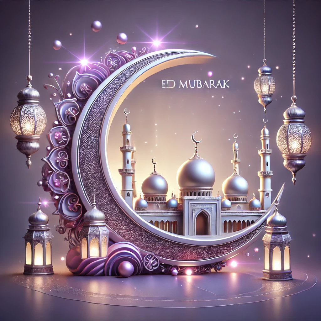 DALL·E 2025 03 27 06.32.21 A beautiful 3D Islamic Eid Mubarak greeting card with a royal purple and silver theme. The design features a glowing silver crescent moon elegant sil